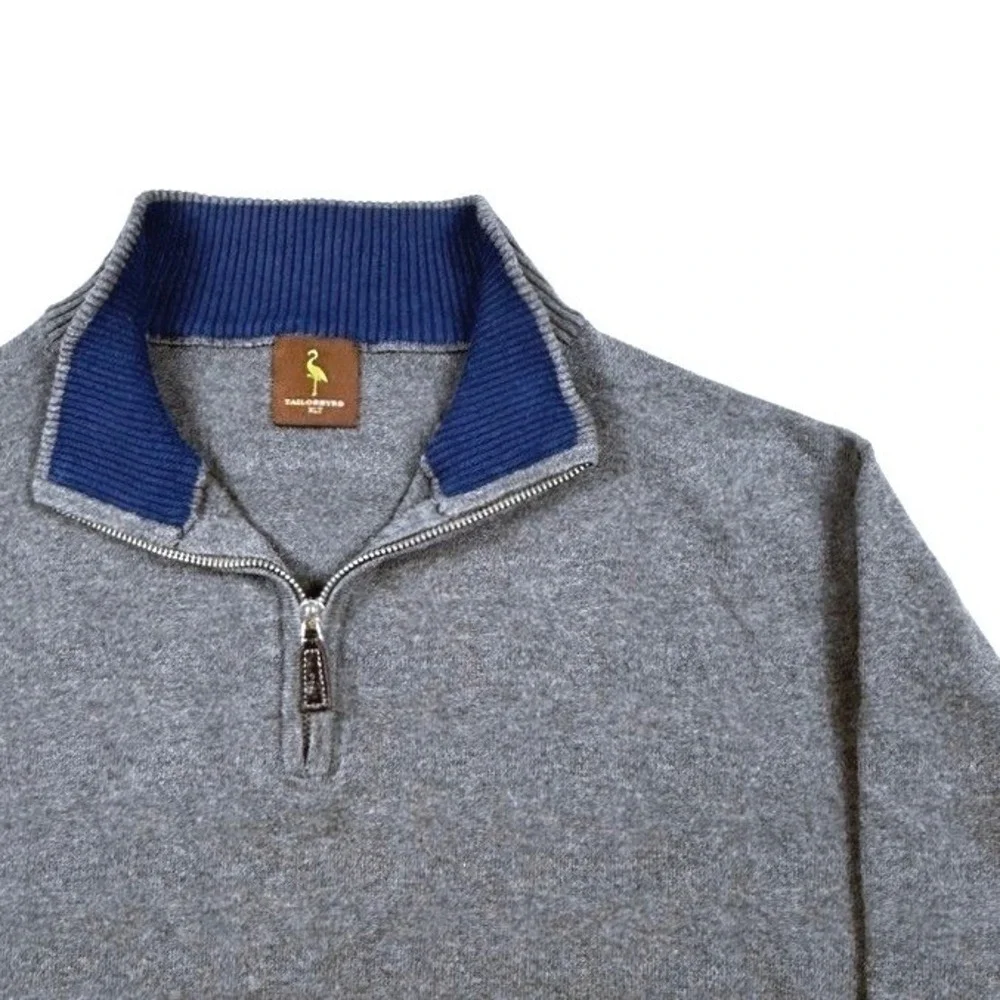 Tailorbyrd Mens XLT Gray 100% Cotton Quarter Zip Pullover Sweater Navy Trim